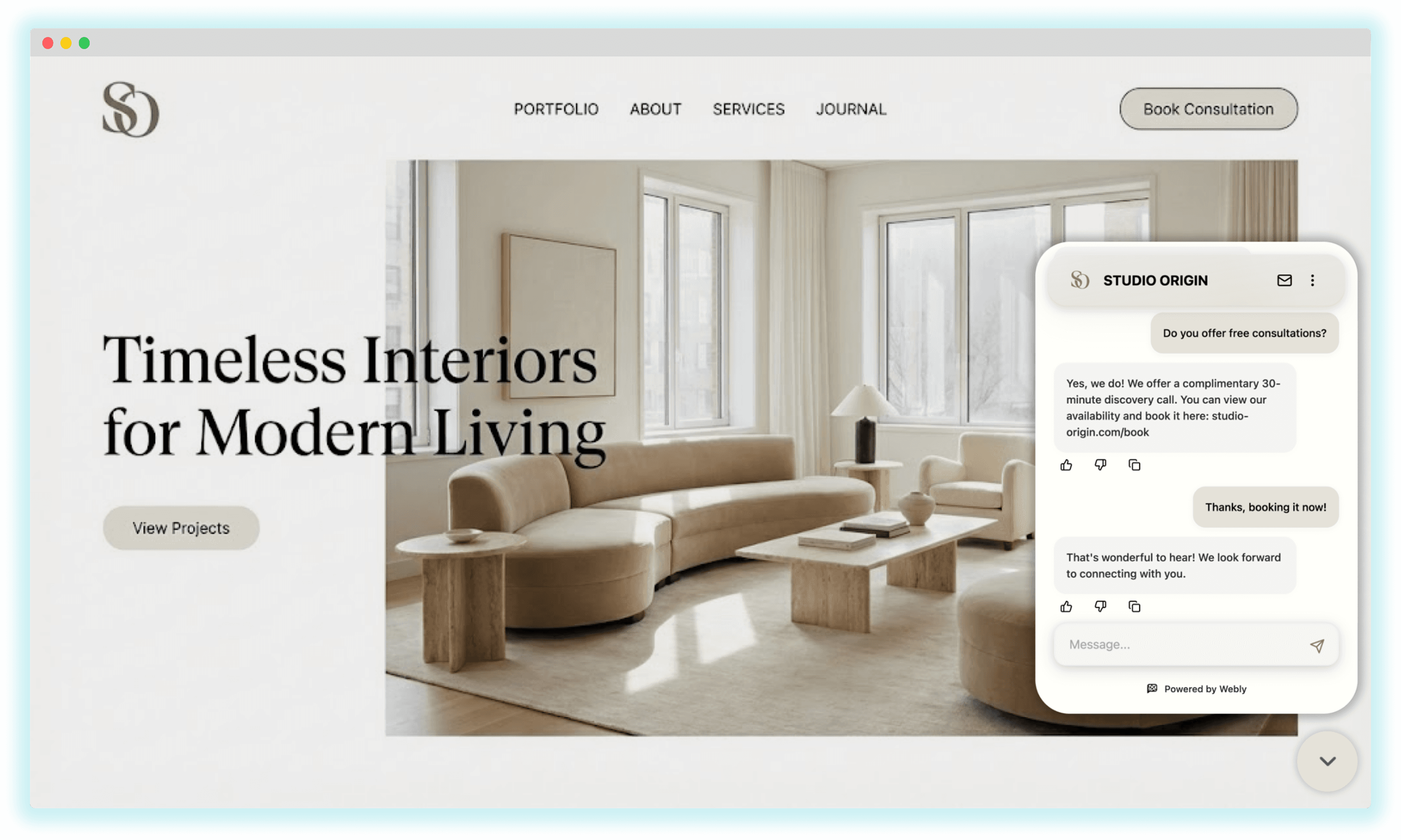 Website preview showing WeblyChat looking native to the site