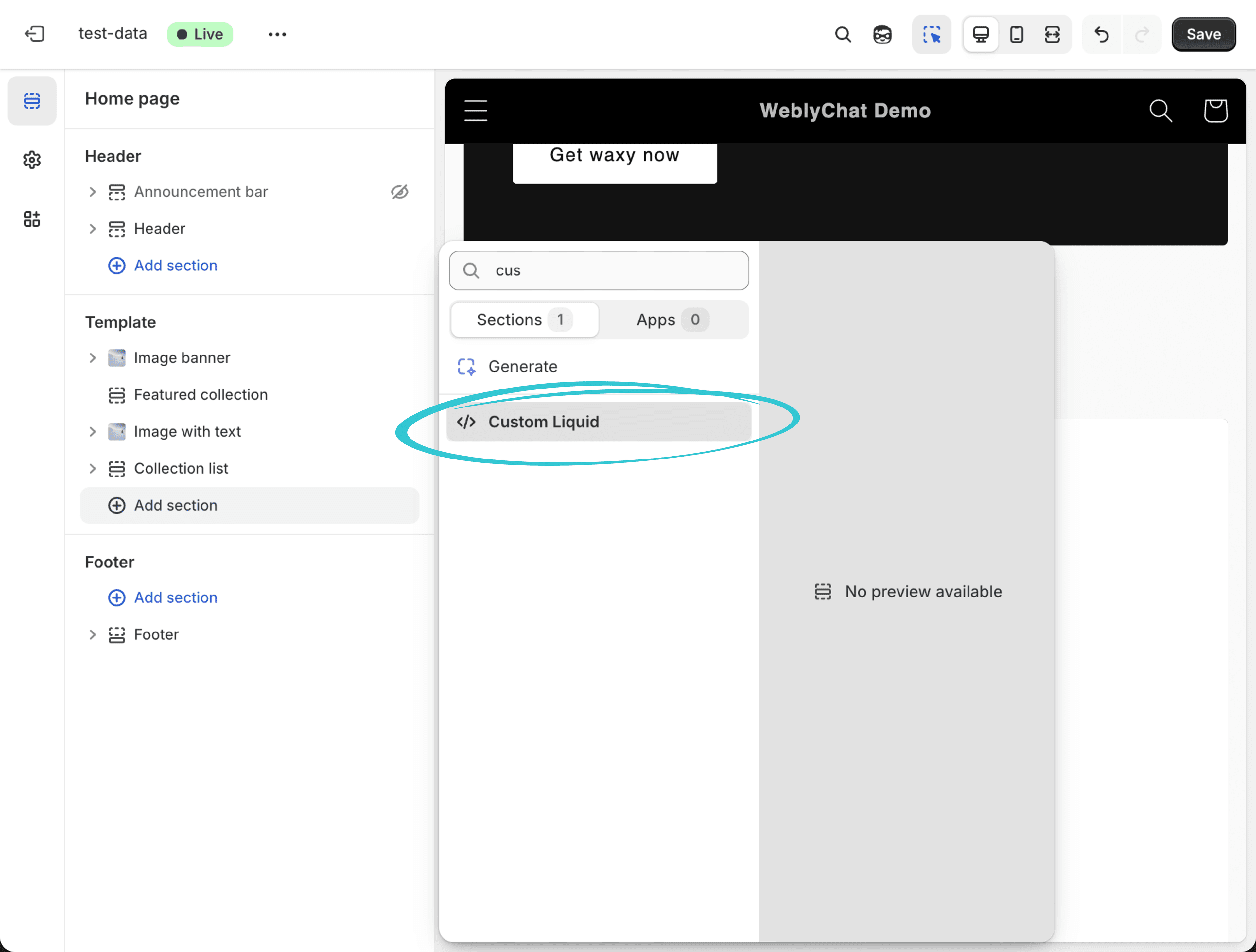 Shopify Theme Editor section search showing Custom Liquid result highlighted