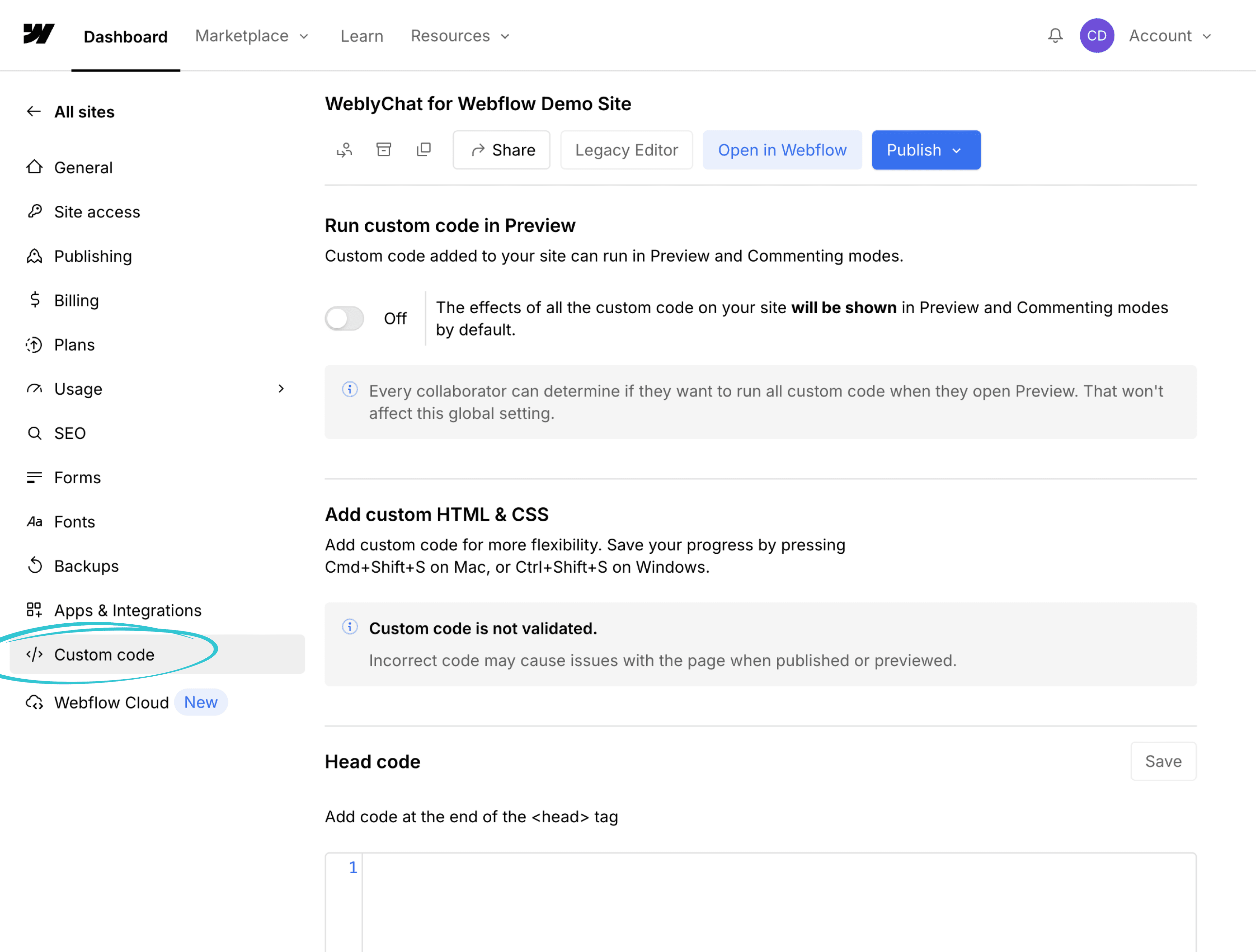 Webflow Site Settings sidebar with Custom Code option highlighted