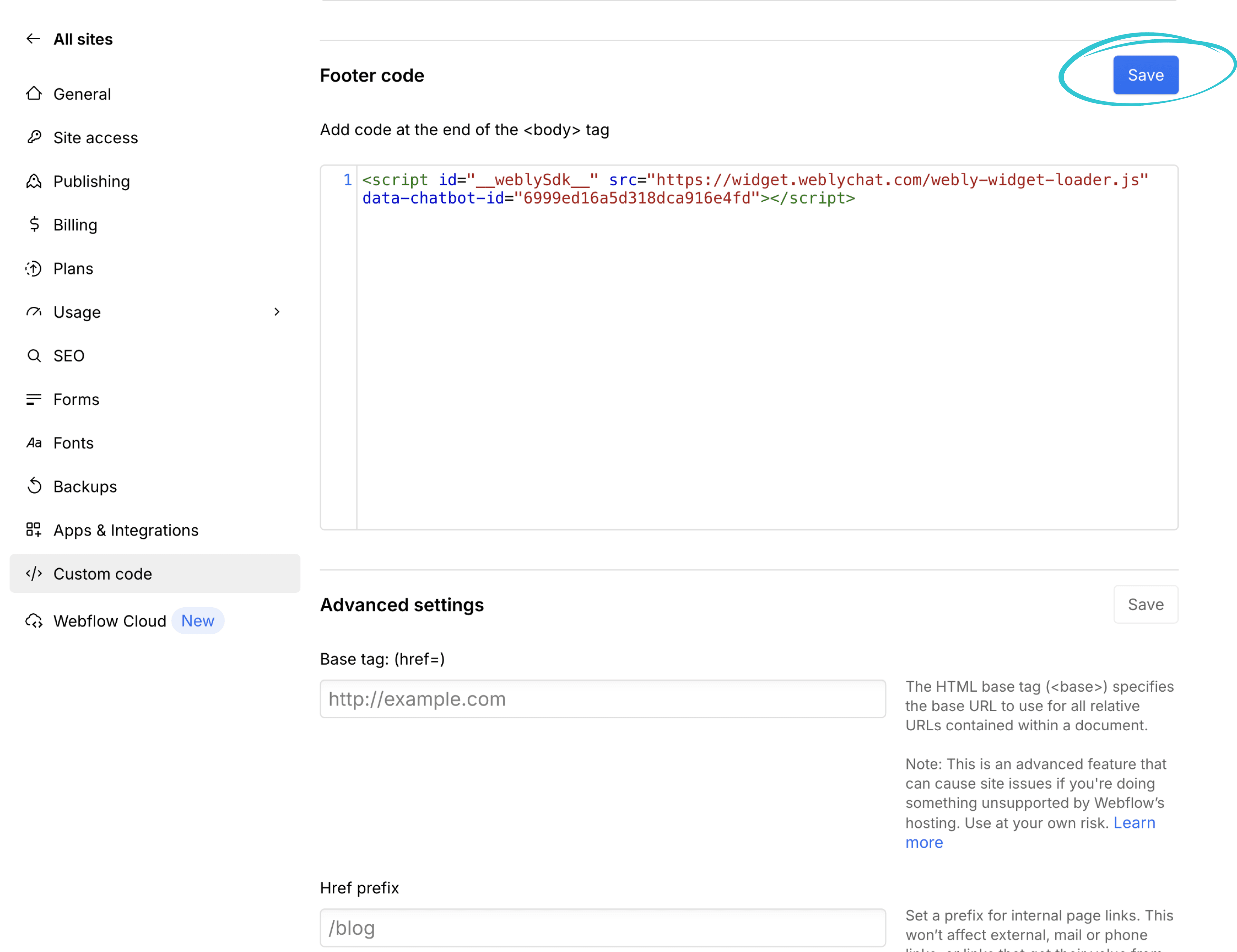 Webflow Custom Code page showing the WeblyChat script pasted in the Footer Code section