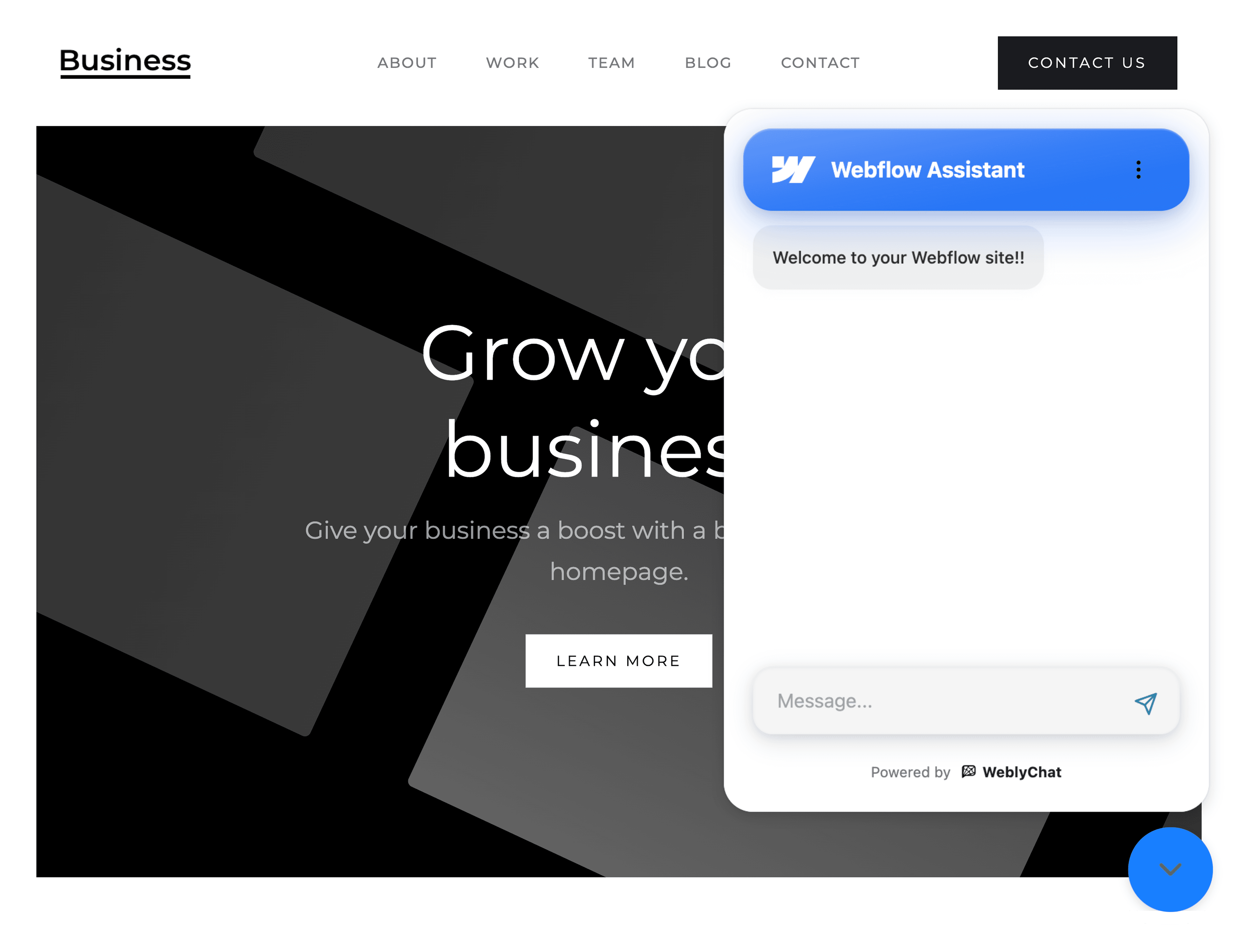 Webflow site with WeblyChat chatbot widget open and responding to a visitor question