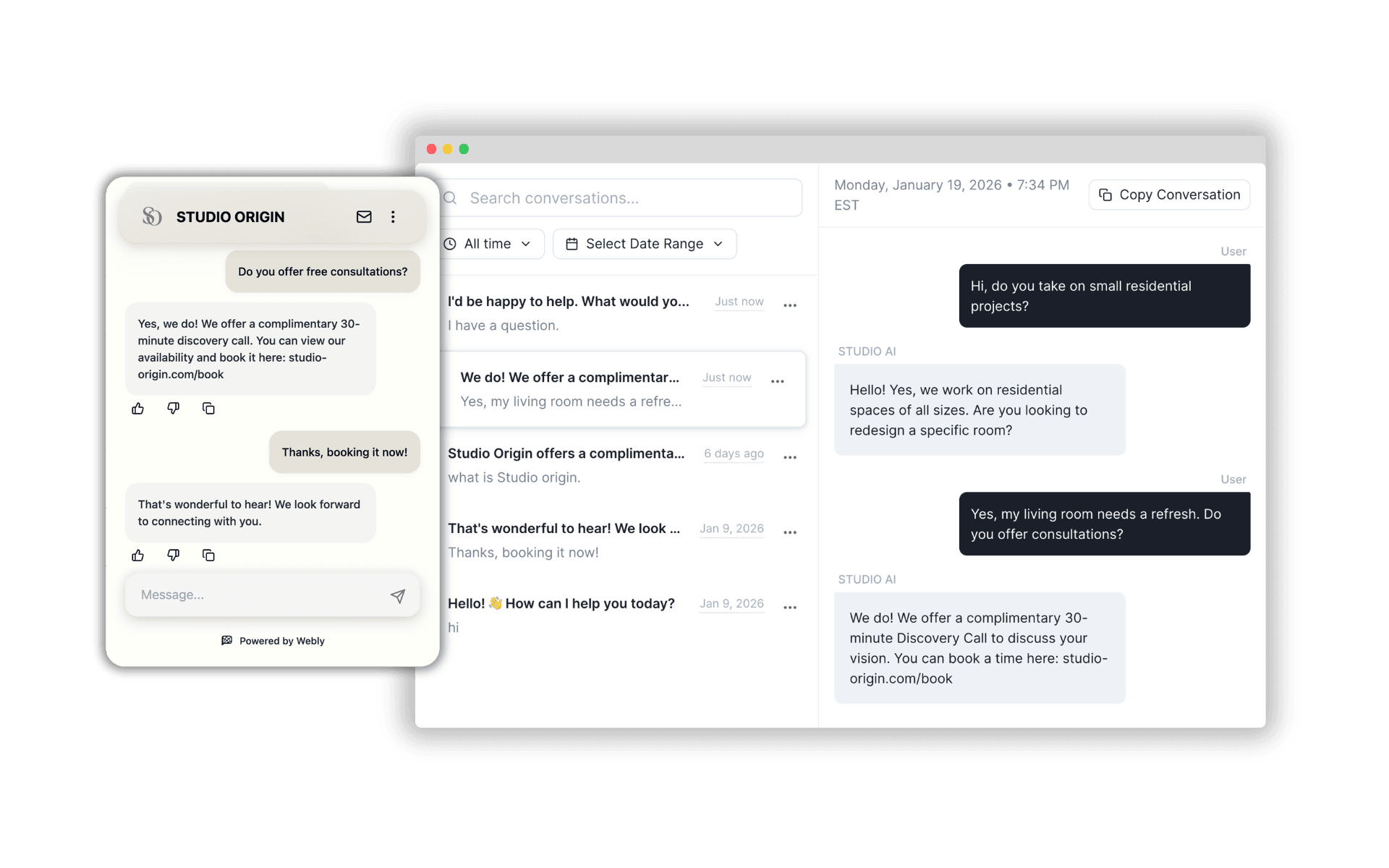 WeblyChat Lead Generation chatbot showing see exactly what your visitors are asking