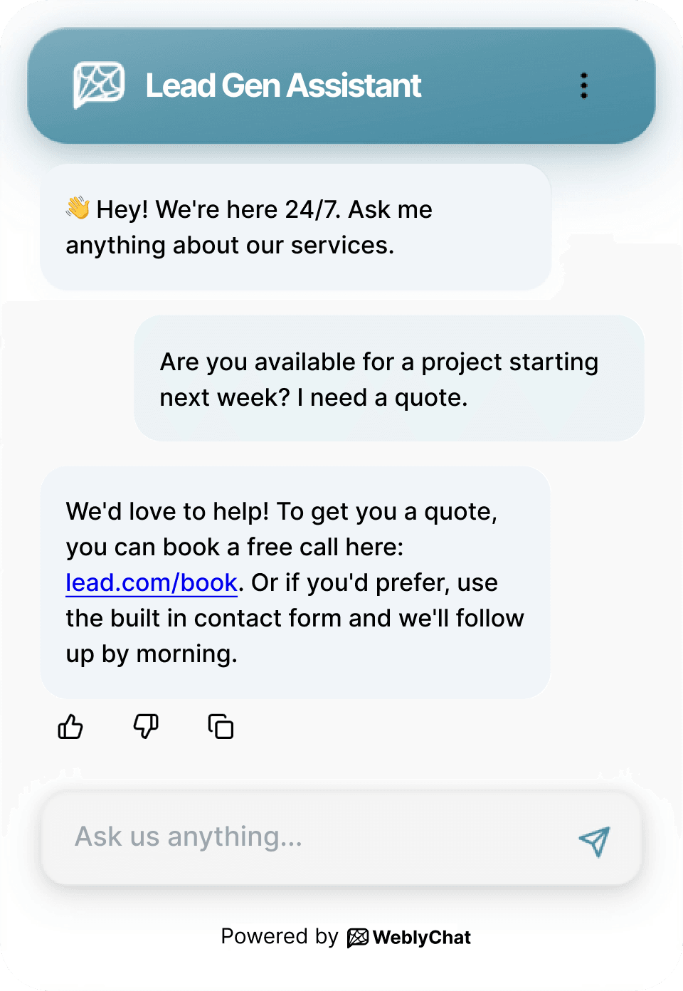 WeblyChat Lead Generation chatbot showing capture leads around the clock without hiring anyone