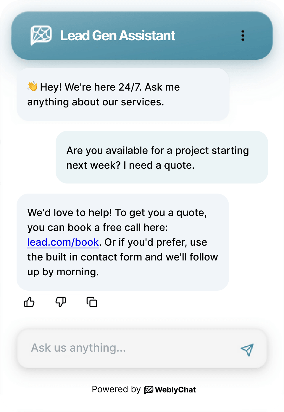 WeblyChat Lead Generation chatbot showing capture leads around the clock without hiring anyone