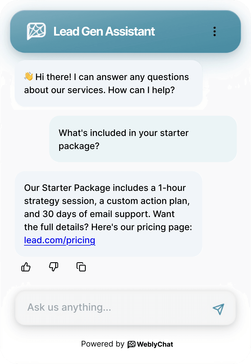 WeblyChat Lead Generation chatbot showing turn silent visitors into real conversations