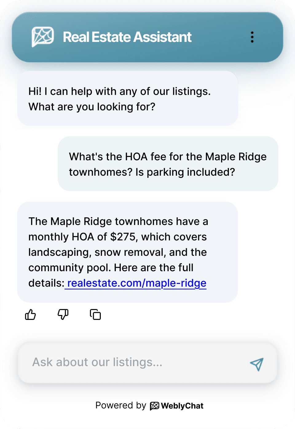 WeblyChat Real Estate chatbot showing respond to every inquiry instantly, even at 2 am