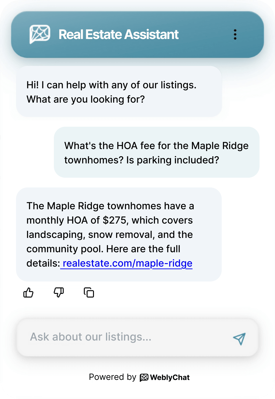 WeblyChat Real Estate chatbot showing respond to every inquiry instantly, even at 2 am