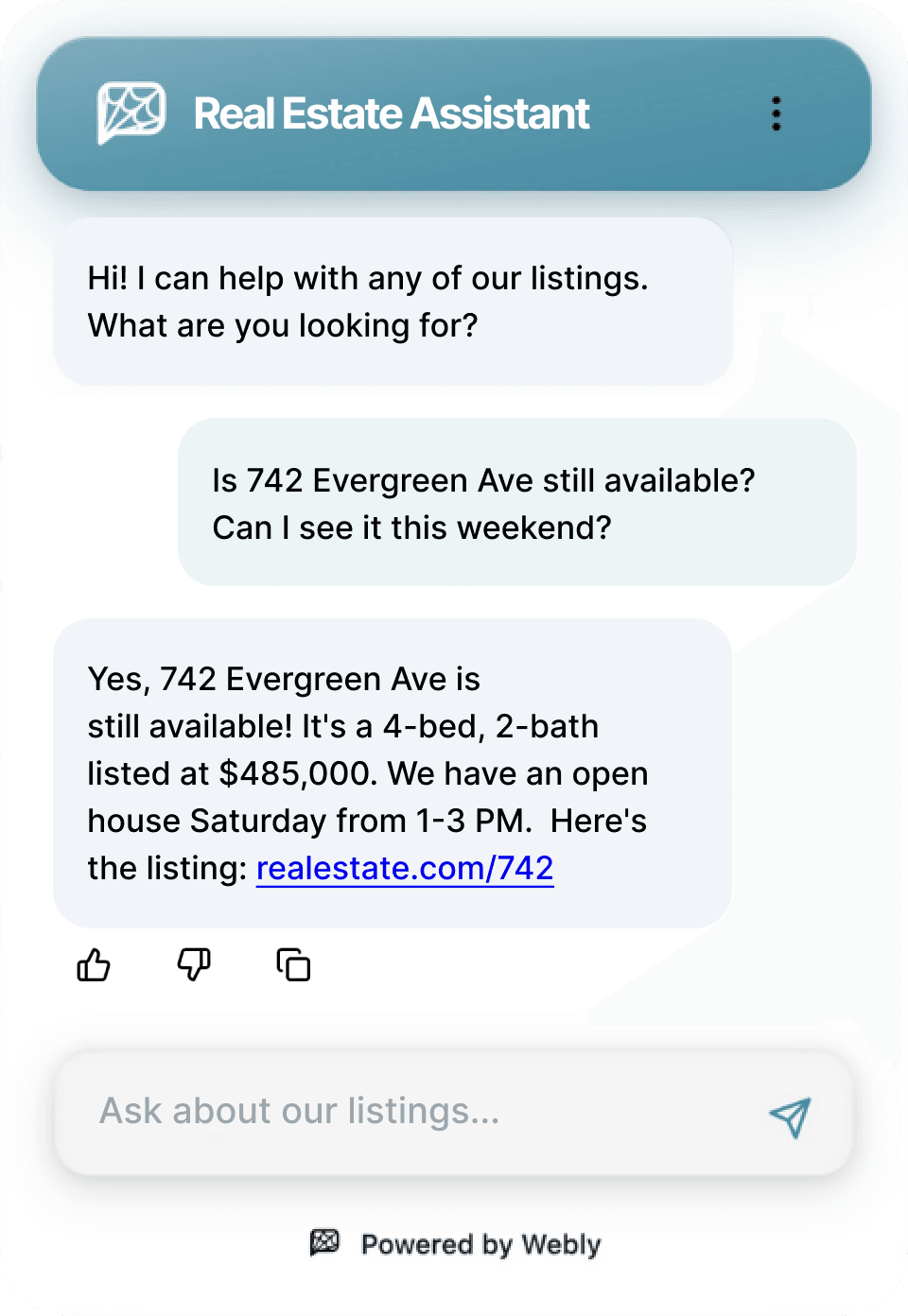 WeblyChat Real Estate chatbot showing answer property questions automatically