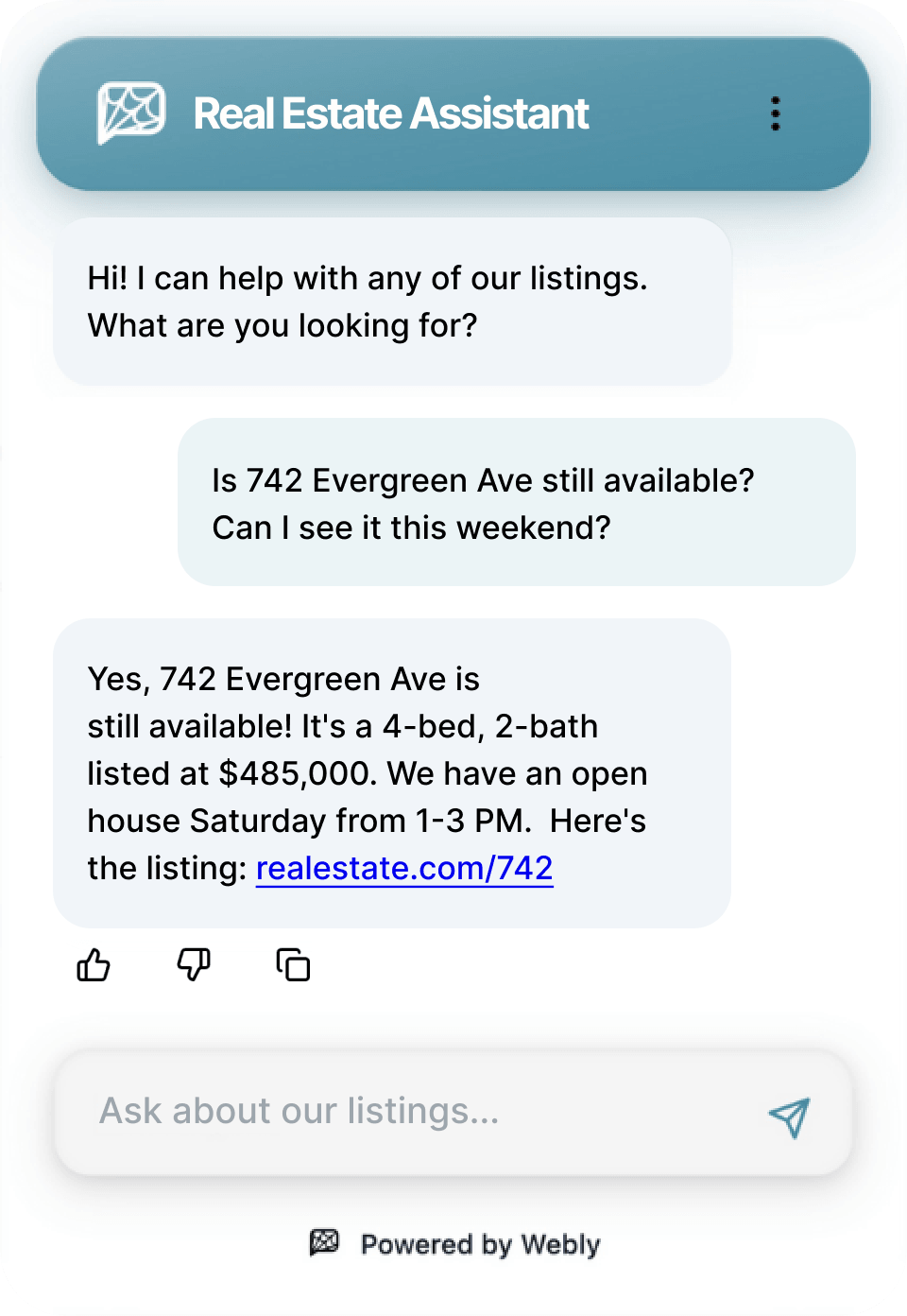 WeblyChat Real Estate chatbot showing answer property questions automatically